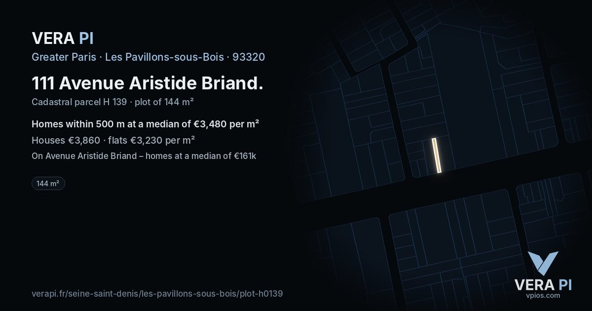 111 Avenue Aristide Briand, Les Pavillons-sous-Bois at night – the plot lit, the parcels around coloured by the prices near them