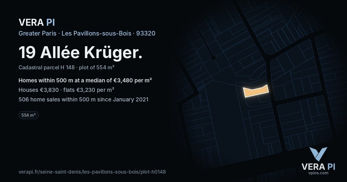 19 Allée Krüger, Les Pavillons-sous-Bois at night – the plot lit, the parcels around coloured by the prices near them