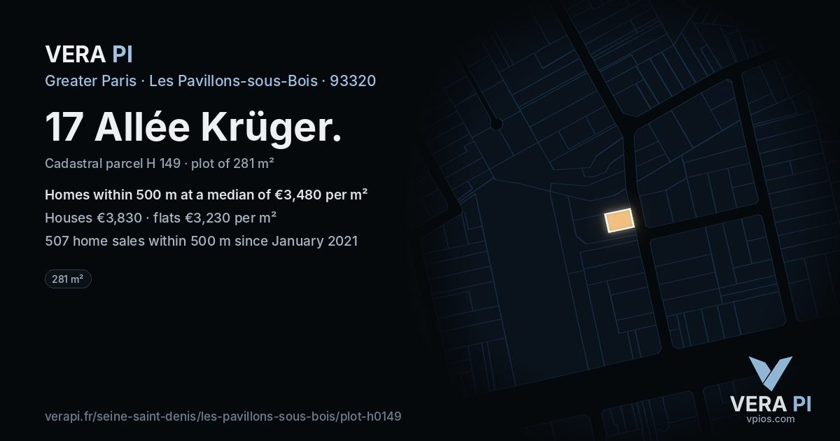 17 Allée Krüger, Les Pavillons-sous-Bois at night – the plot lit, the parcels around coloured by the prices near them