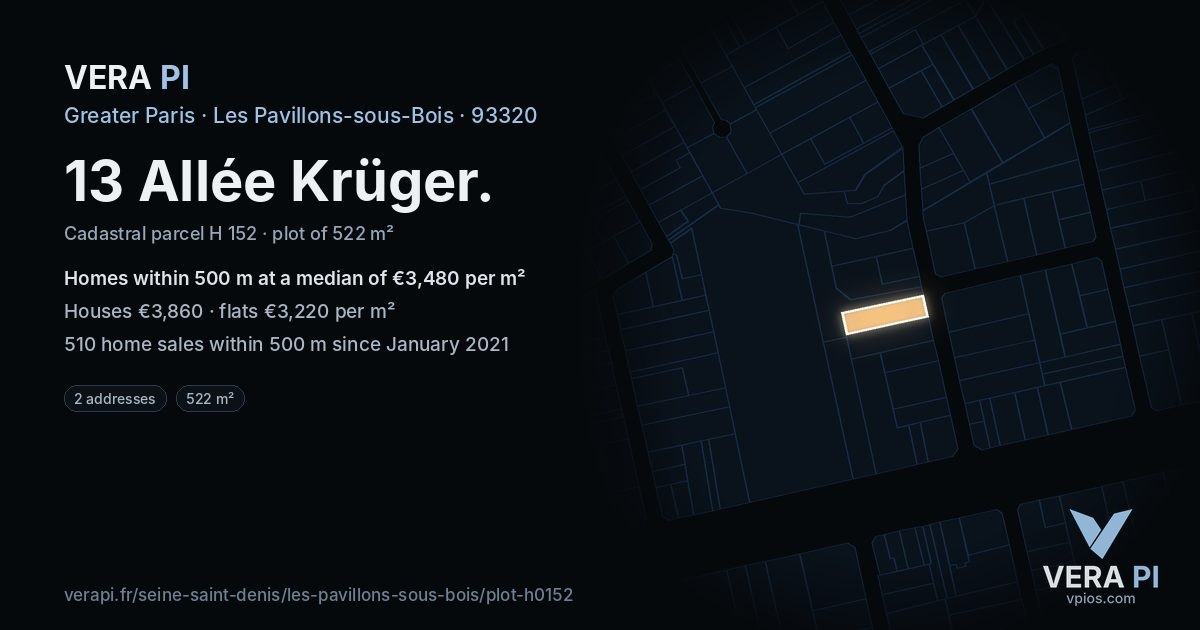 13 Allée Krüger, Les Pavillons-sous-Bois at night – the plot lit, the parcels around coloured by the prices near them