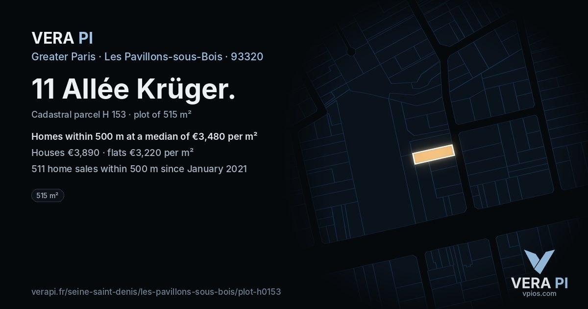 11 Allée Krüger, Les Pavillons-sous-Bois at night – the plot lit, the parcels around coloured by the prices near them