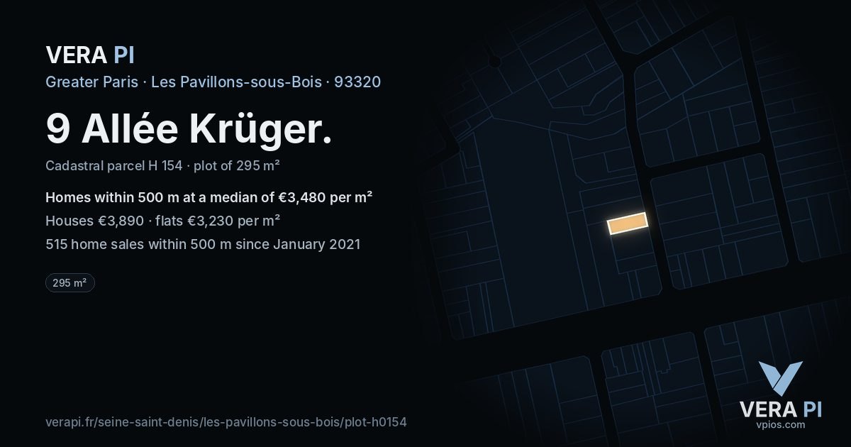 9 Allée Krüger, Les Pavillons-sous-Bois at night – the plot lit, the parcels around coloured by the prices near them