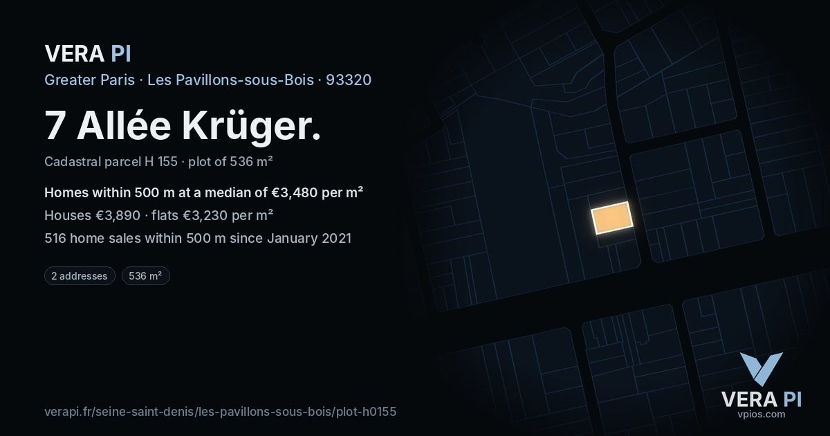 7 Allée Krüger, Les Pavillons-sous-Bois at night – the plot lit, the parcels around coloured by the prices near them