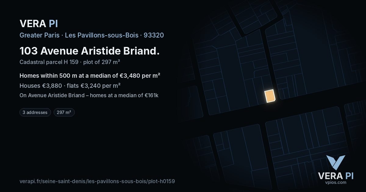 103 Avenue Aristide Briand, Les Pavillons-sous-Bois at night – the plot lit, the parcels around coloured by the prices near them