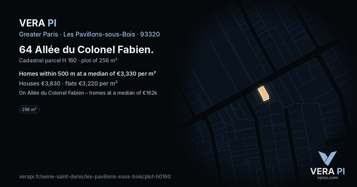 64 Allée du Colonel Fabien, Les Pavillons-sous-Bois at night – the plot lit, the parcels around coloured by the prices near them