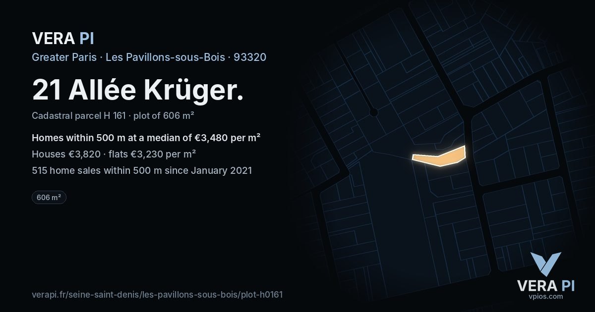 21 Allée Krüger, Les Pavillons-sous-Bois at night – the plot lit, the parcels around coloured by the prices near them
