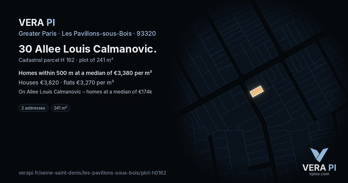 30 Allee Louis Calmanovic, Les Pavillons-sous-Bois at night – the plot lit, the parcels around coloured by the prices near them