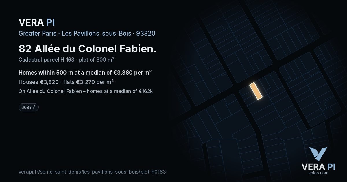 82 Allée du Colonel Fabien, Les Pavillons-sous-Bois at night – the plot lit, the parcels around coloured by the prices near them