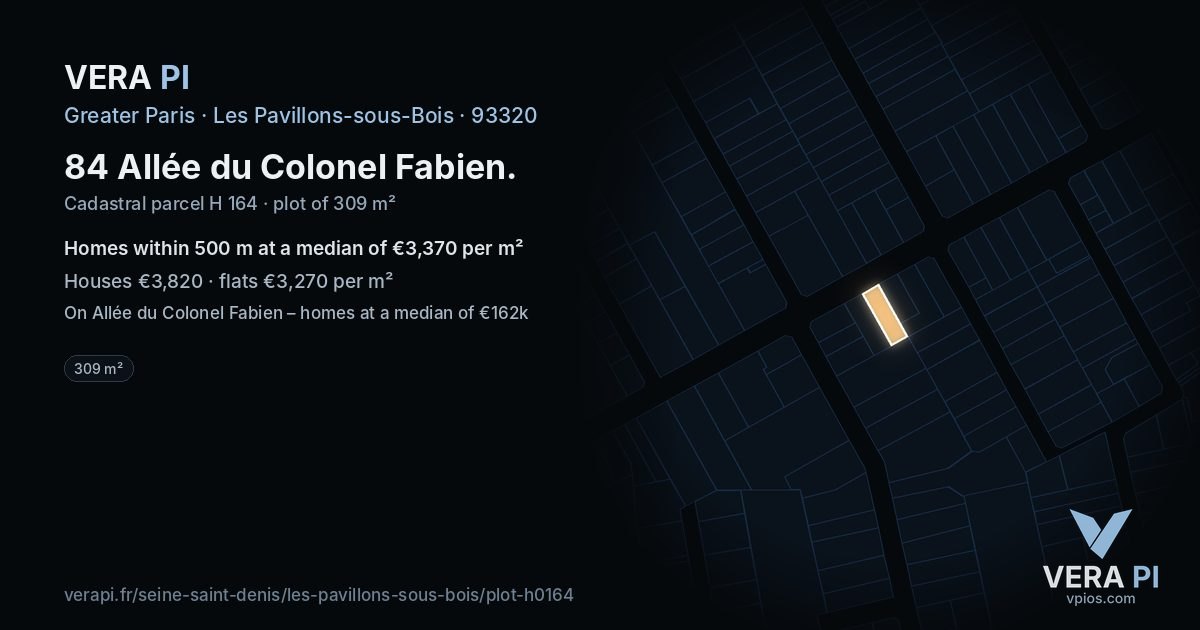 84 Allée du Colonel Fabien, Les Pavillons-sous-Bois at night – the plot lit, the parcels around coloured by the prices near them