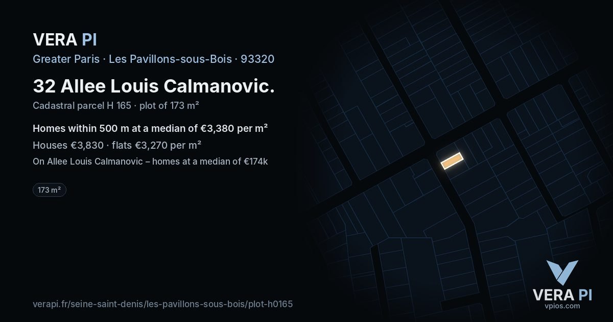 32 Allee Louis Calmanovic, Les Pavillons-sous-Bois at night – the plot lit, the parcels around coloured by the prices near them