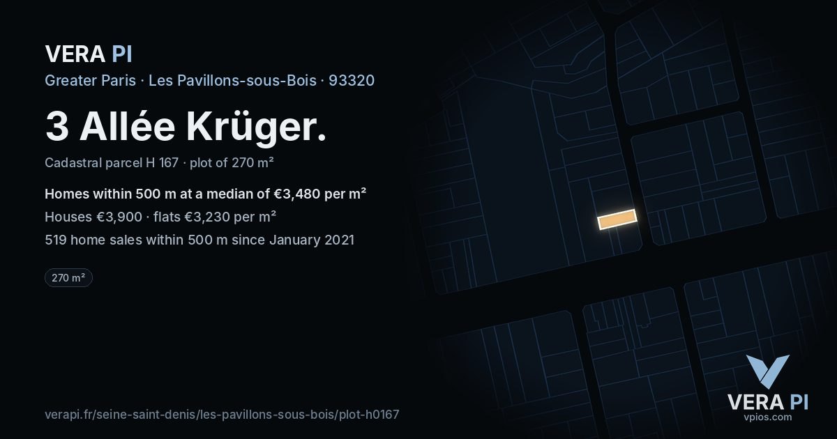 3 Allée Krüger, Les Pavillons-sous-Bois at night – the plot lit, the parcels around coloured by the prices near them