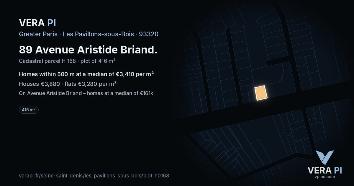 89 Avenue Aristide Briand, Les Pavillons-sous-Bois at night – the plot lit, the parcels around coloured by the prices near them