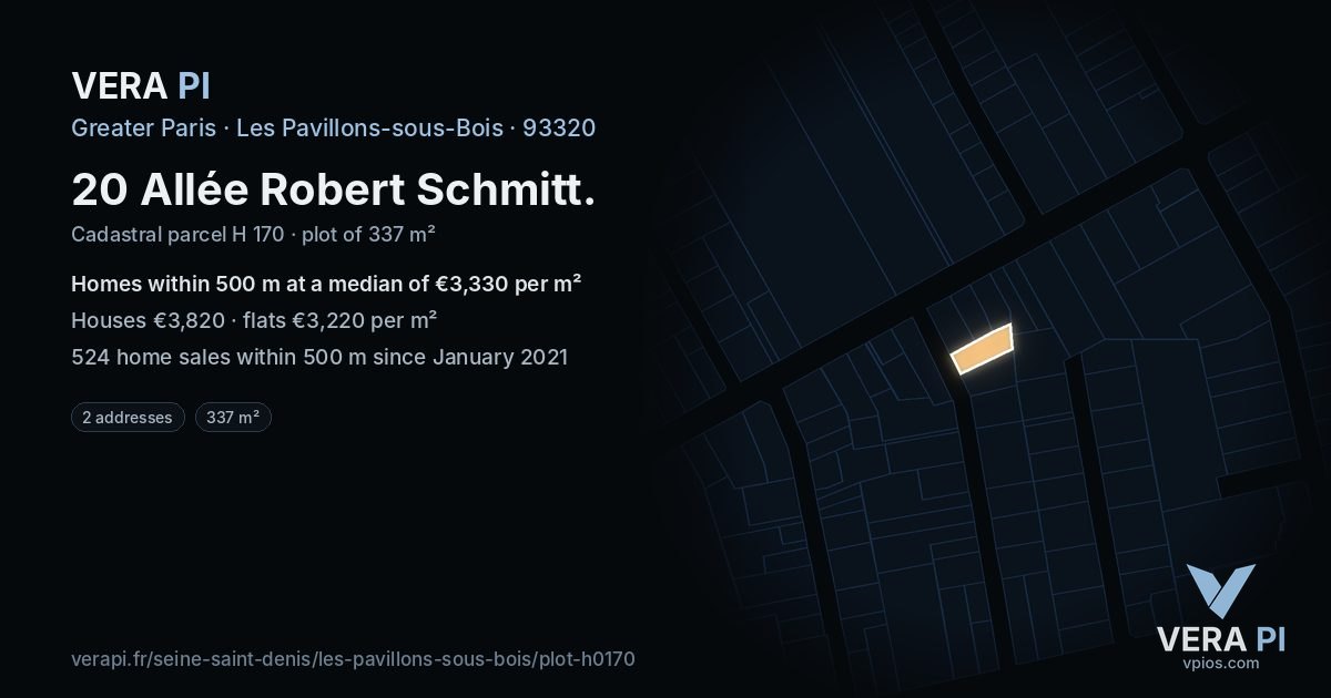 20 Allée Robert Schmitt, Les Pavillons-sous-Bois at night – the plot lit, the parcels around coloured by the prices near them