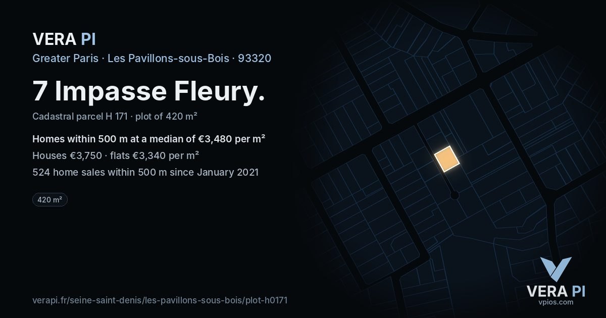 7 Impasse Fleury, Les Pavillons-sous-Bois at night – the plot lit, the parcels around coloured by the prices near them