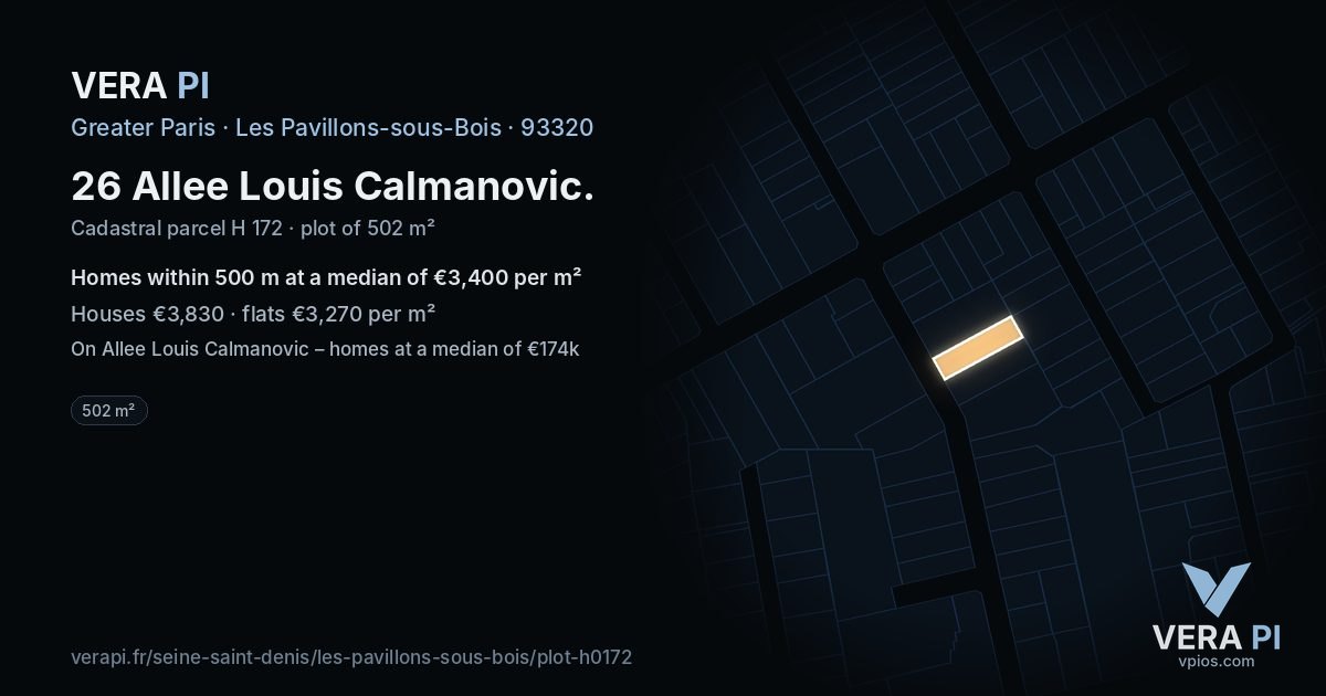 26 Allee Louis Calmanovic, Les Pavillons-sous-Bois at night – the plot lit, the parcels around coloured by the prices near them