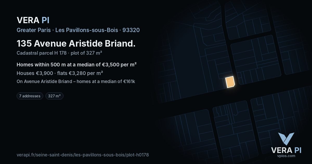135 Avenue Aristide Briand, Les Pavillons-sous-Bois at night – the plot lit, the parcels around coloured by the prices near them