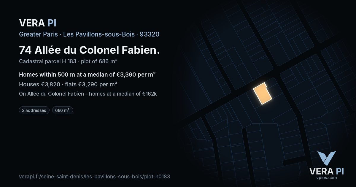 74 Allée du Colonel Fabien, Les Pavillons-sous-Bois at night – the plot lit, the parcels around coloured by the prices near them