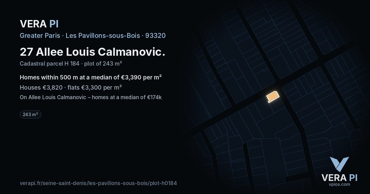 27 Allee Louis Calmanovic, Les Pavillons-sous-Bois at night – the plot lit, the parcels around coloured by the prices near them