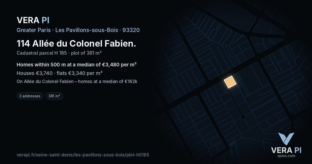 114 Allée du Colonel Fabien, Les Pavillons-sous-Bois at night – the plot lit, the parcels around coloured by the prices near them
