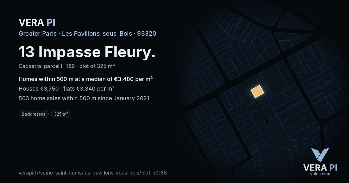13 Impasse Fleury, Les Pavillons-sous-Bois at night – the plot lit, the parcels around coloured by the prices near them