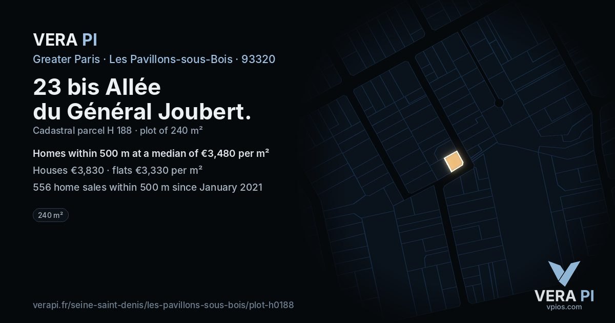 23 bis Allée du Général Joubert, Les Pavillons-sous-Bois at night – the plot lit, the parcels around coloured by the prices near them