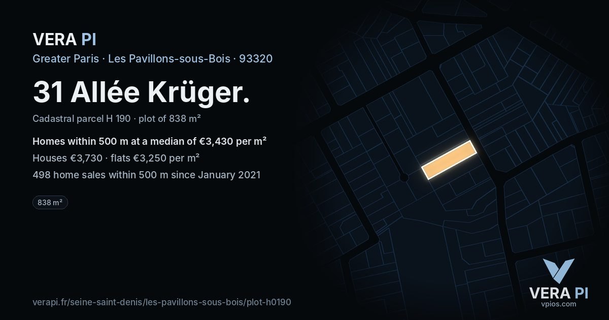 31 Allée Krüger, Les Pavillons-sous-Bois at night – the plot lit, the parcels around coloured by the prices near them