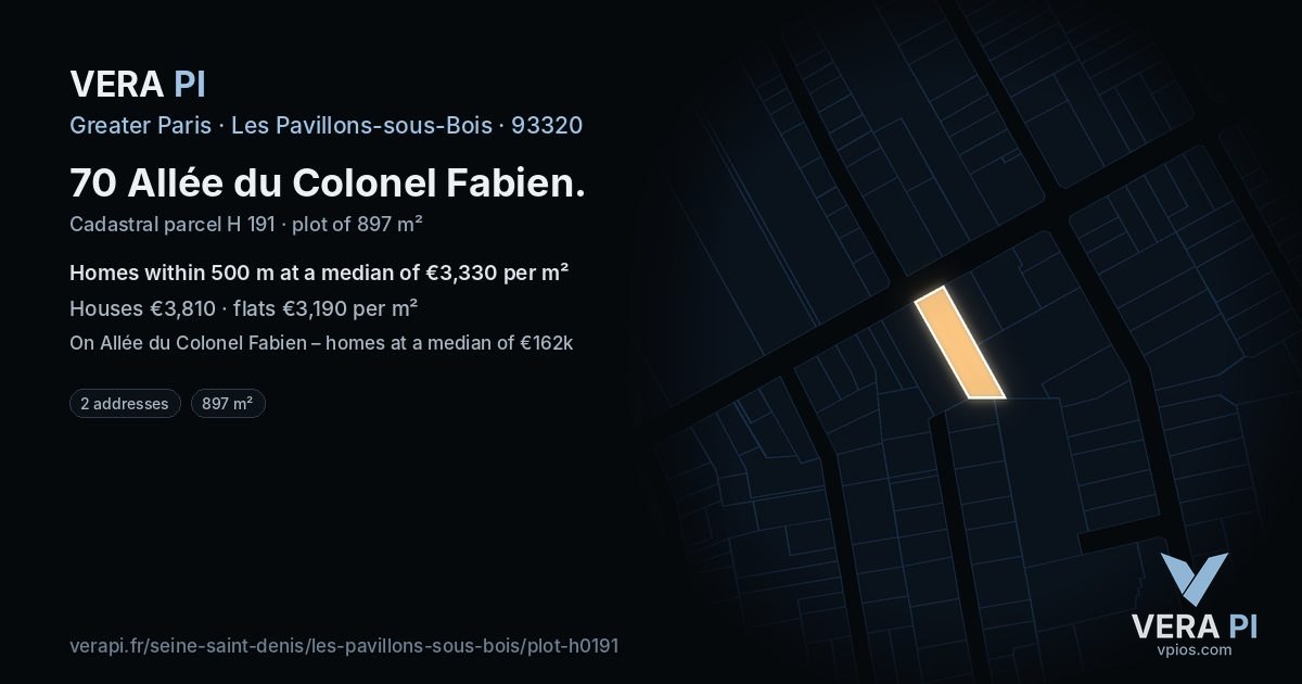 70 Allée du Colonel Fabien, Les Pavillons-sous-Bois at night – the plot lit, the parcels around coloured by the prices near them