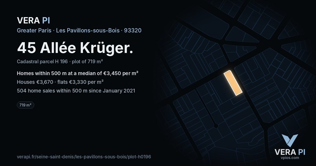 45 Allée Krüger, Les Pavillons-sous-Bois at night – the plot lit, the parcels around coloured by the prices near them