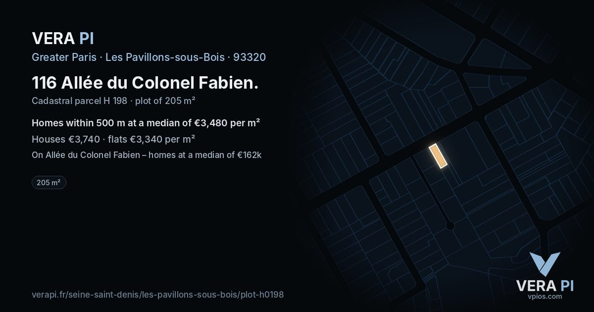 116 Allée du Colonel Fabien, Les Pavillons-sous-Bois at night – the plot lit, the parcels around coloured by the prices near them