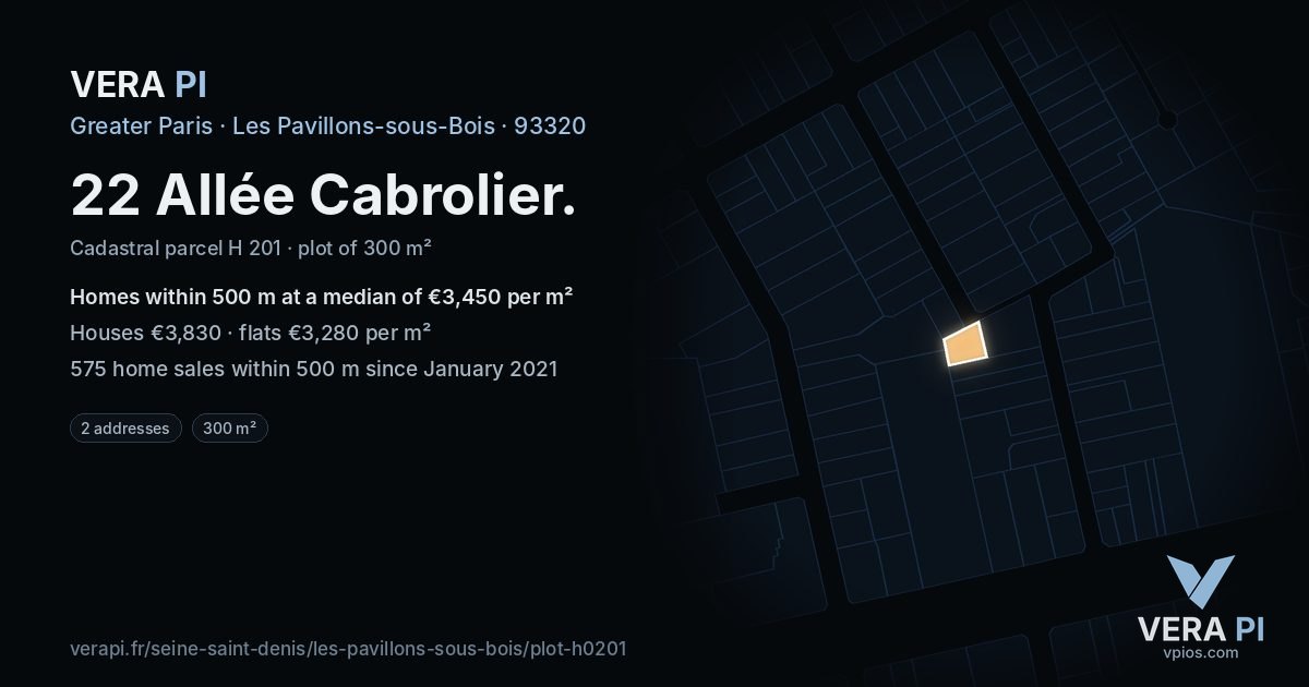 22 Allée Cabrolier, Les Pavillons-sous-Bois at night – the plot lit, the parcels around coloured by the prices near them