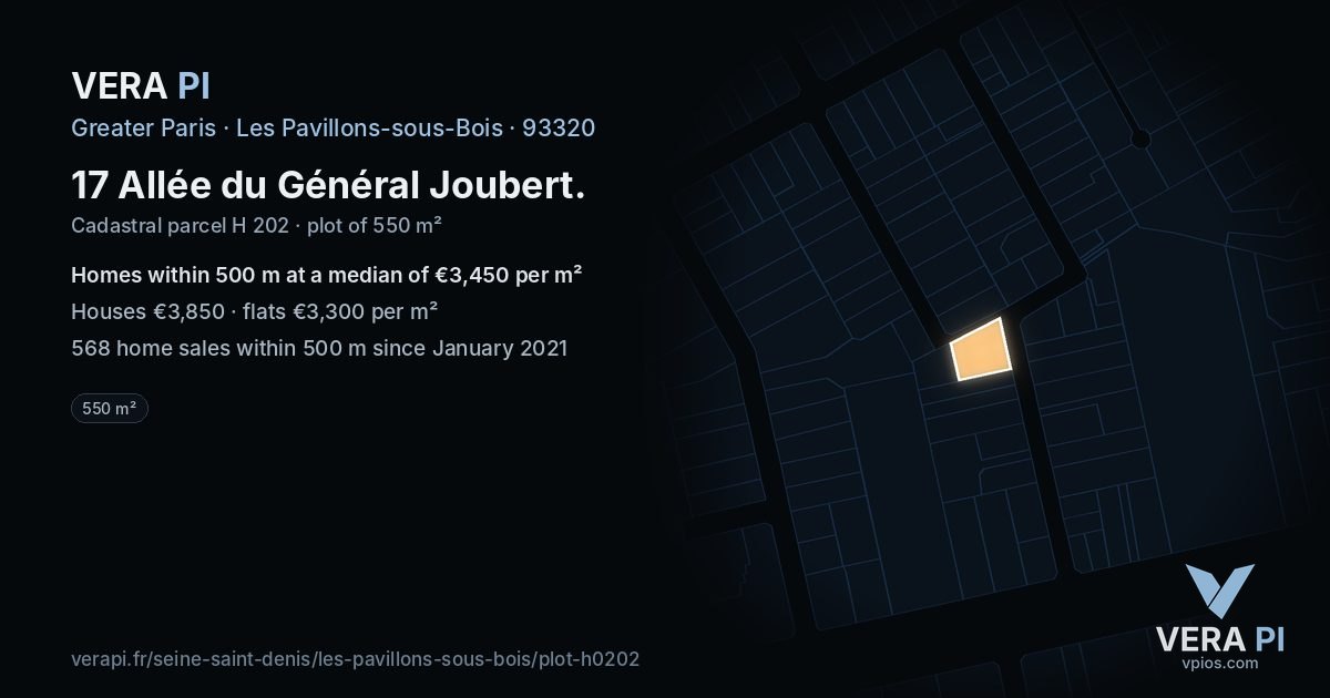 17 Allée du Général Joubert, Les Pavillons-sous-Bois at night – the plot lit, the parcels around coloured by the prices near them