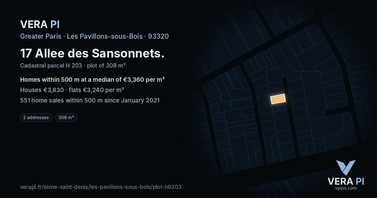 17 Allee des Sansonnets, Les Pavillons-sous-Bois at night – the plot lit, the parcels around coloured by the prices near them