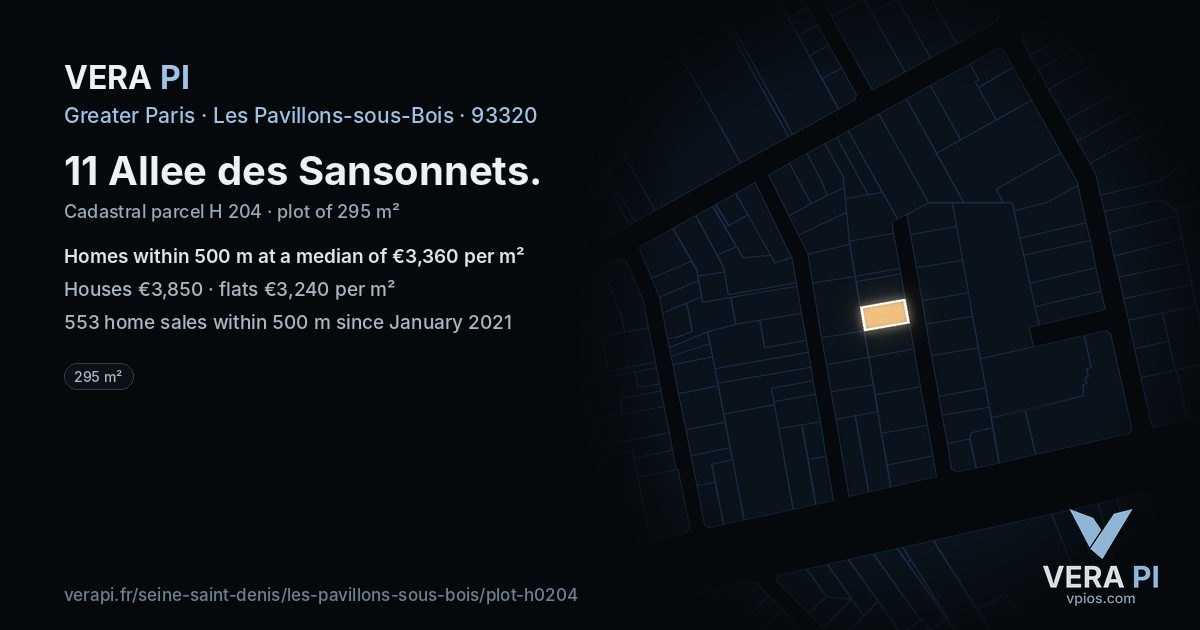 11 Allee des Sansonnets, Les Pavillons-sous-Bois at night – the plot lit, the parcels around coloured by the prices near them