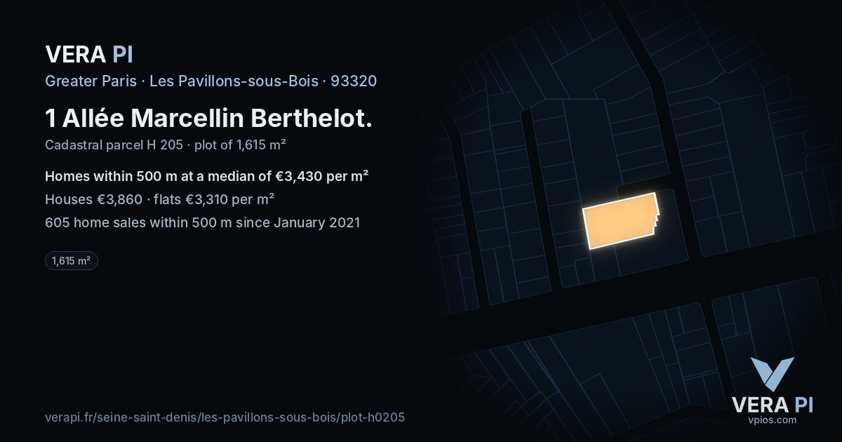 1 Allée Marcellin Berthelot, Les Pavillons-sous-Bois at night – the plot lit, the parcels around coloured by the prices near them