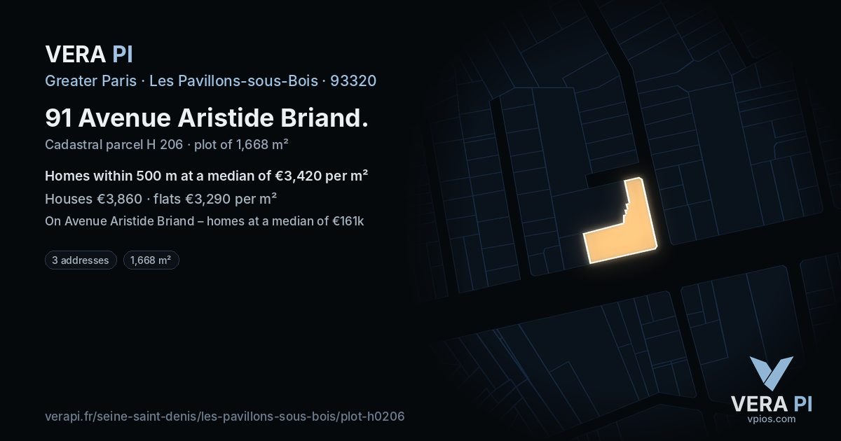 91 Avenue Aristide Briand, Les Pavillons-sous-Bois at night – the plot lit, the parcels around coloured by the prices near them