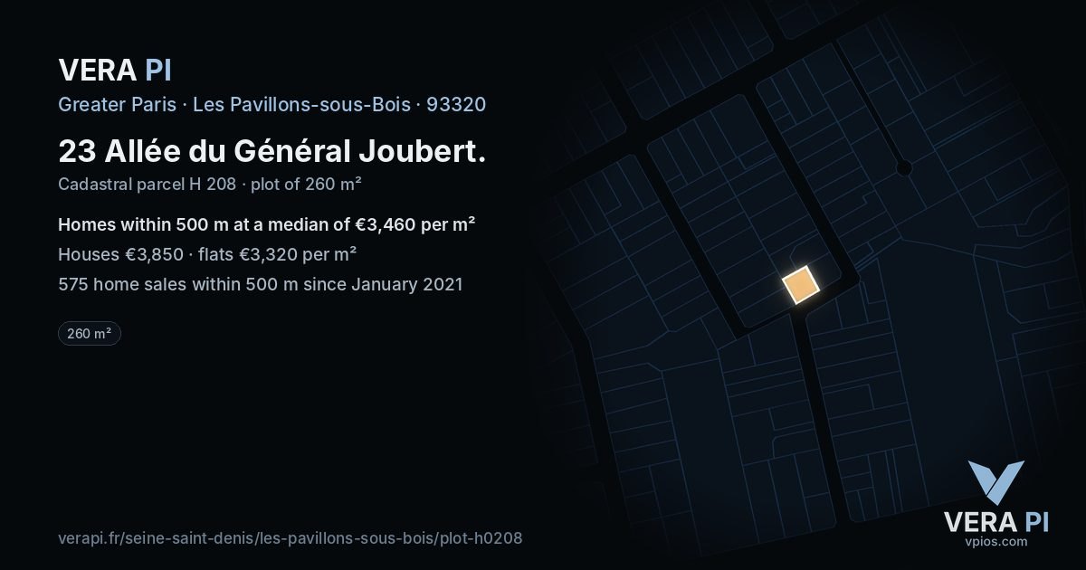 23 Allée du Général Joubert, Les Pavillons-sous-Bois at night – the plot lit, the parcels around coloured by the prices near them