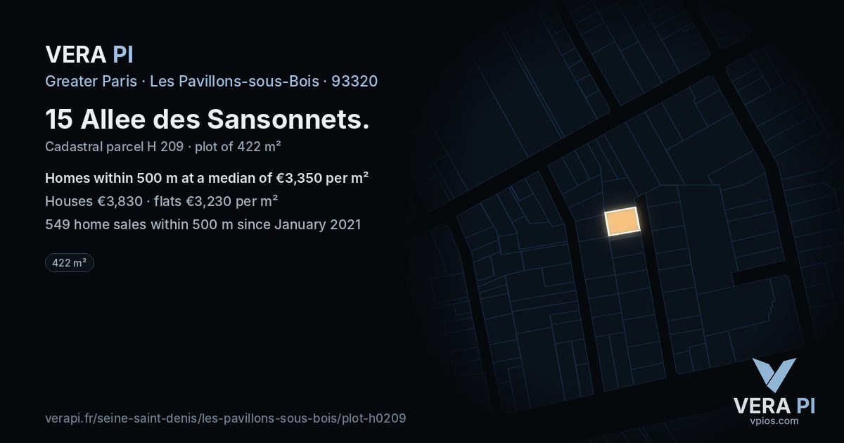 15 Allee des Sansonnets, Les Pavillons-sous-Bois at night – the plot lit, the parcels around coloured by the prices near them