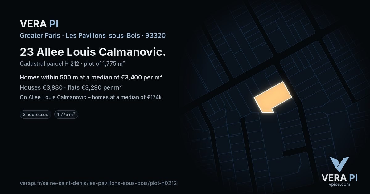 23 Allee Louis Calmanovic, Les Pavillons-sous-Bois at night – the plot lit, the parcels around coloured by the prices near them
