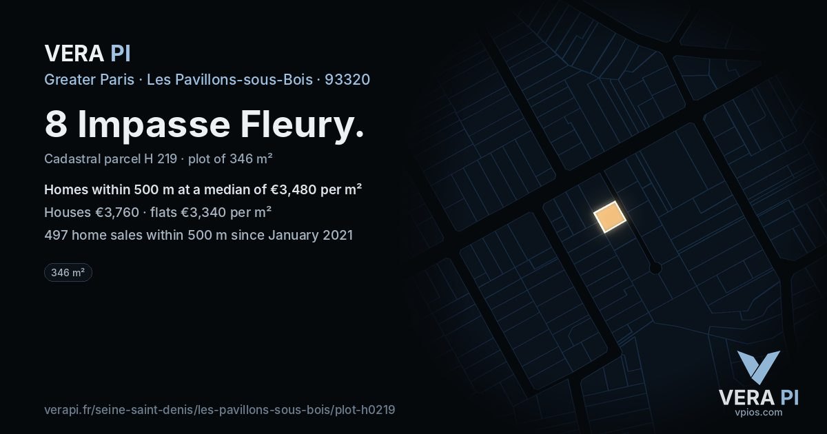 8 Impasse Fleury, Les Pavillons-sous-Bois at night – the plot lit, the parcels around coloured by the prices near them