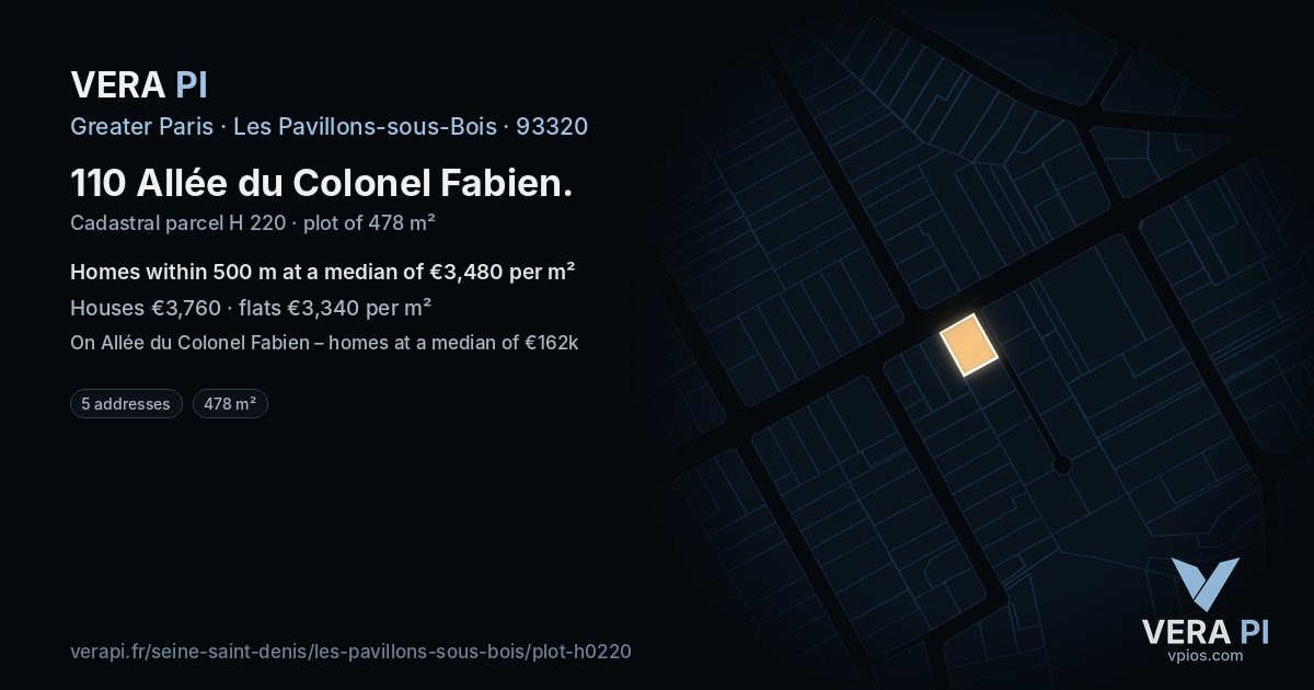 110 Allée du Colonel Fabien, Les Pavillons-sous-Bois at night – the plot lit, the parcels around coloured by the prices near them