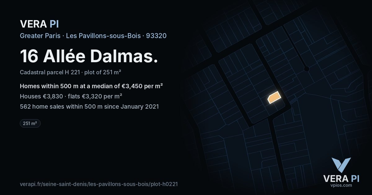16 Allée Dalmas, Les Pavillons-sous-Bois at night – the plot lit, the parcels around coloured by the prices near them