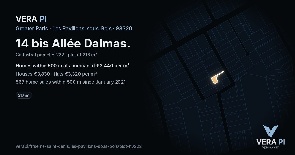 14 bis Allée Dalmas, Les Pavillons-sous-Bois at night – the plot lit, the parcels around coloured by the prices near them