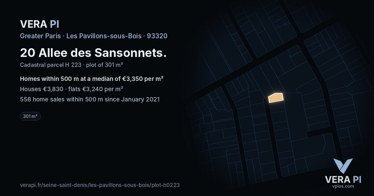 20 Allee des Sansonnets, Les Pavillons-sous-Bois at night – the plot lit, the parcels around coloured by the prices near them