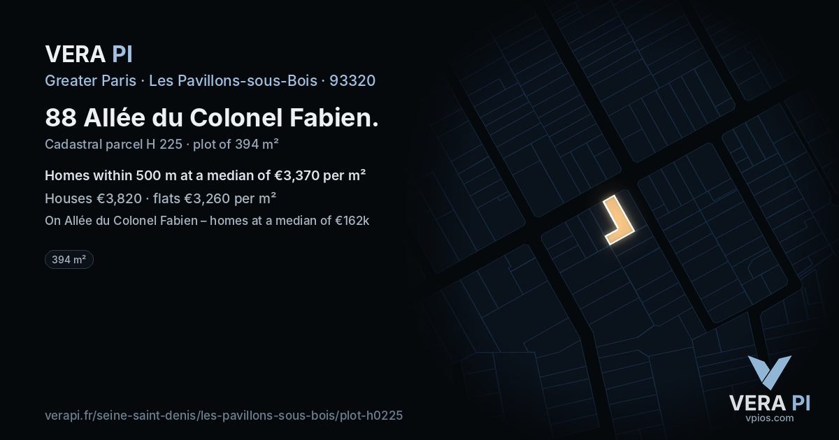 88 Allée du Colonel Fabien, Les Pavillons-sous-Bois at night – the plot lit, the parcels around coloured by the prices near them