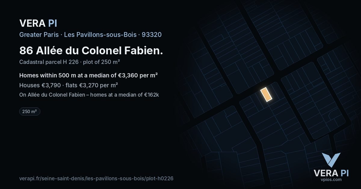 86 Allée du Colonel Fabien, Les Pavillons-sous-Bois at night – the plot lit, the parcels around coloured by the prices near them