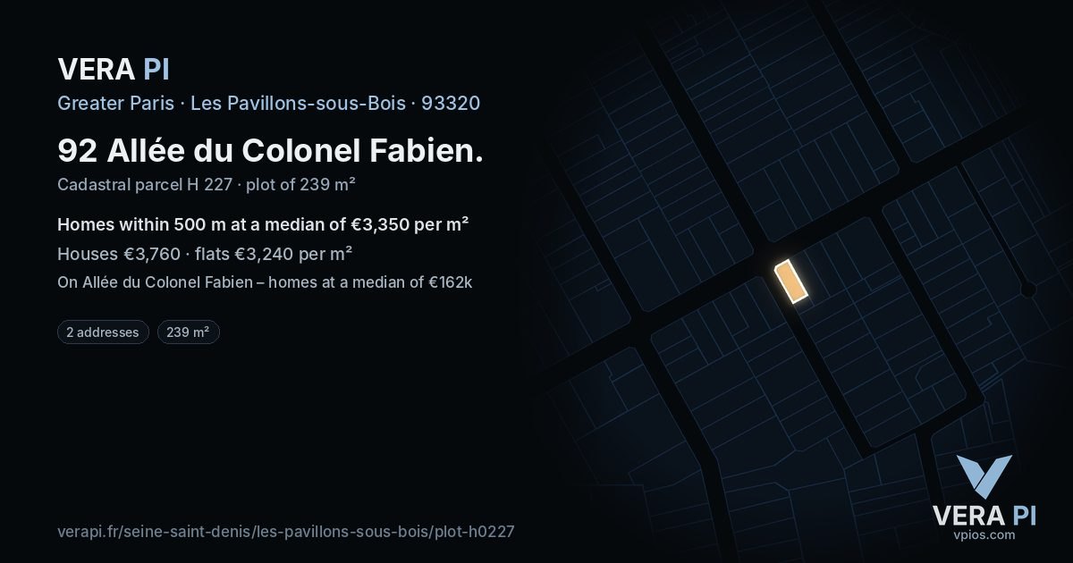 92 Allée du Colonel Fabien, Les Pavillons-sous-Bois at night – the plot lit, the parcels around coloured by the prices near them