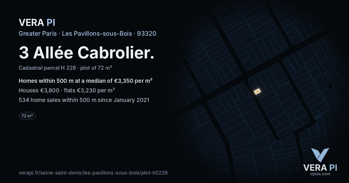 3 Allée Cabrolier, Les Pavillons-sous-Bois at night – the plot lit, the parcels around coloured by the prices near them