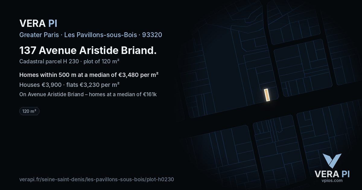 137 Avenue Aristide Briand, Les Pavillons-sous-Bois at night – the plot lit, the parcels around coloured by the prices near them