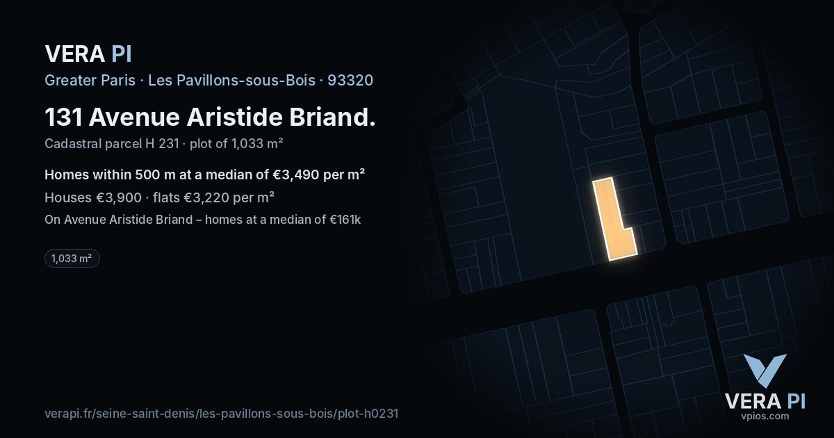 131 Avenue Aristide Briand, Les Pavillons-sous-Bois at night – the plot lit, the parcels around coloured by the prices near them