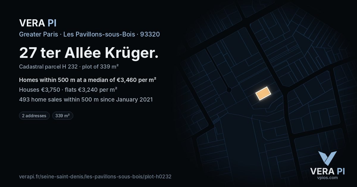 27 ter Allée Krüger, Les Pavillons-sous-Bois at night – the plot lit, the parcels around coloured by the prices near them